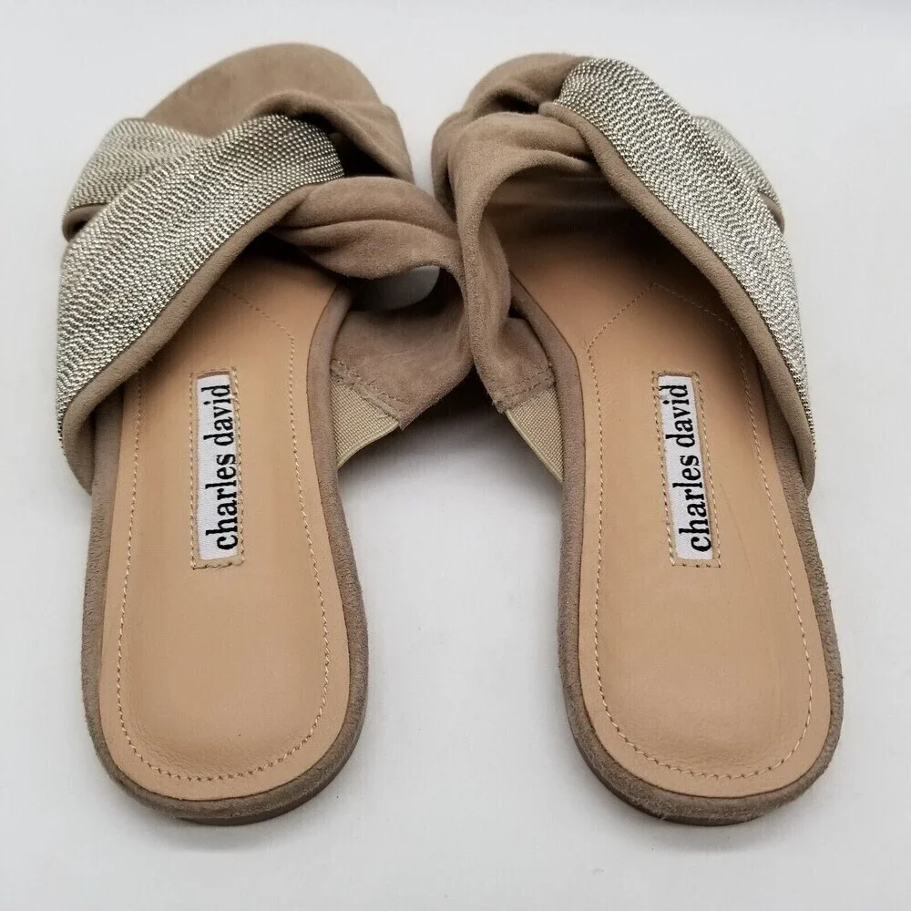 Charles David Women Kendall Slide Sandals‎ Knot Flats Gray Suede 6.5